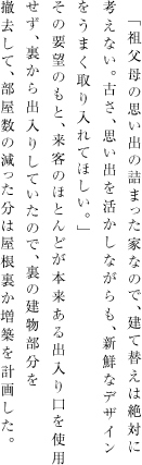 「祖父母の思い出の詰まった家なので、建て替えは絶対に考えない。古さ、思い出を活かしながらも、若い夫婦なので、新鮮なデザインをうまく取り入れてほしい。」その要望のもと、来客のほとんどが本来ある出入り口を使用せず、裏から出入りしていたので、裏の建物部分を撤去して、部屋数の減った分は屋根裏か増築を計画した。